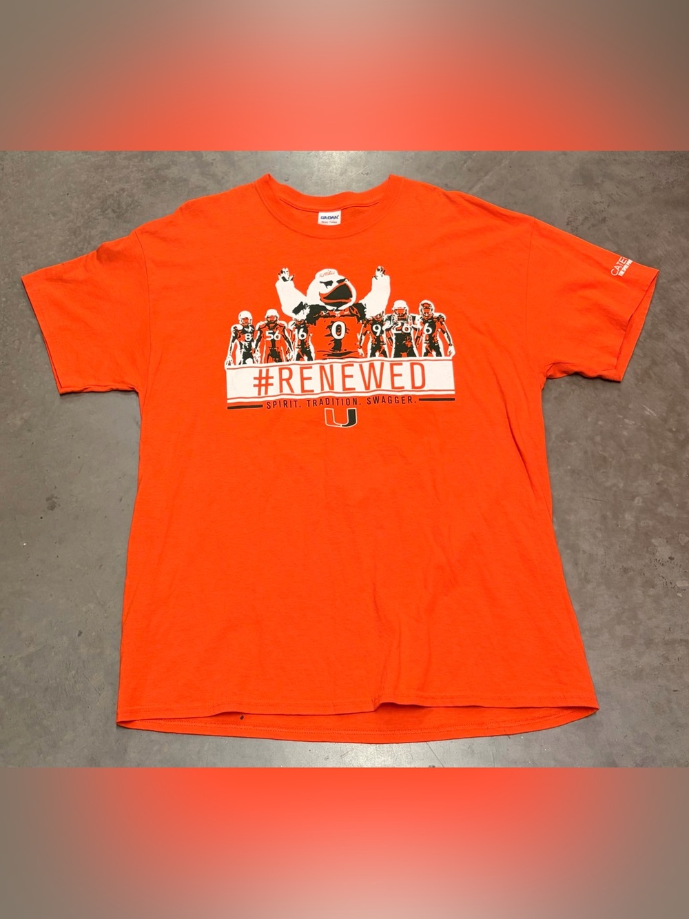 Y2K University of Miami Football Gildan Men’s Orange #RENEWED Graphic Tee